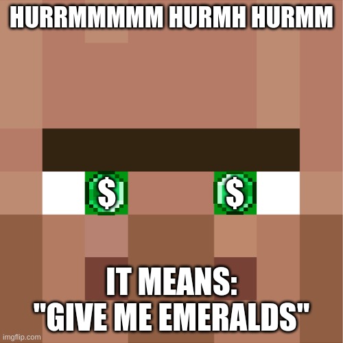 Villagers in a Nutshell | HURRMMMMM HURMH HURMM; $; $; IT MEANS: "GIVE ME EMERALDS" | image tagged in minecraft villager | made w/ Imgflip meme maker
