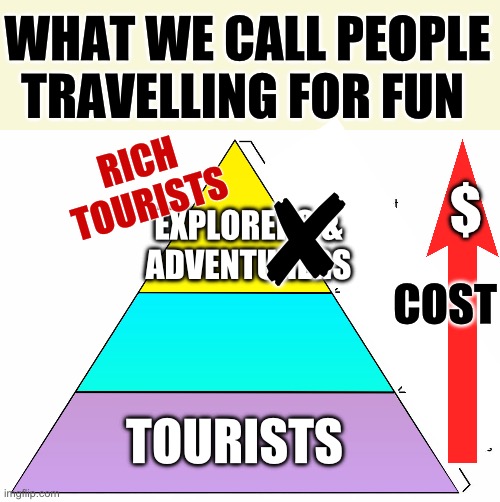 Rich tourists aren't explorers or adventurers | WHAT WE CALL PEOPLE TRAVELLING FOR FUN; RICH TOURISTS; ✘; $; EXPLORERS &
ADVENTURERS; COST; TOURISTS | image tagged in maslow,tourism,explorer,adventurer,colonialism,rich people | made w/ Imgflip meme maker
