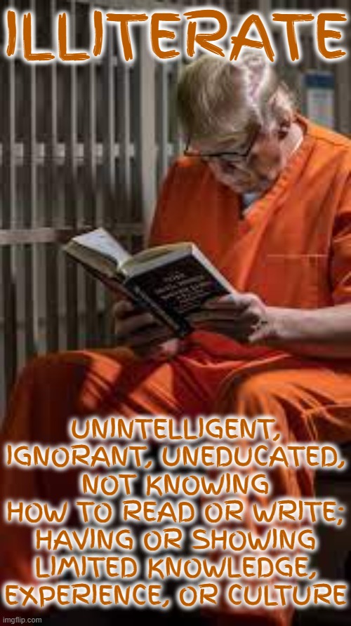ETARETILLI | ILLITERATE; UNINTELLIGENT, IGNORANT, UNEDUCATED, NOT KNOWING HOW TO READ OR WRITE; HAVING OR SHOWING LIMITED KNOWLEDGE, EXPERIENCE, OR CULTURE | image tagged in illiterate,ignorant,uneducated,inexperienced,lacking knowledge,unskilled | made w/ Imgflip meme maker