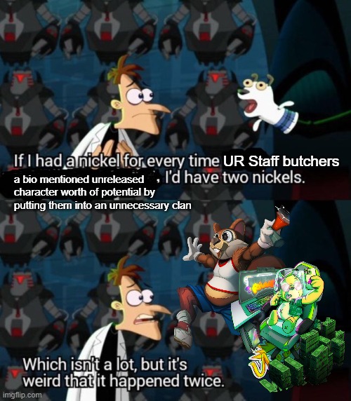 This is my opinion for Urban Rivals... | UR Staff butchers; a bio mentioned unreleased character worth of potential by putting them into an unnecessary clan | image tagged in had a nickel for every time i d have 2 nickels,urban rivals | made w/ Imgflip meme maker