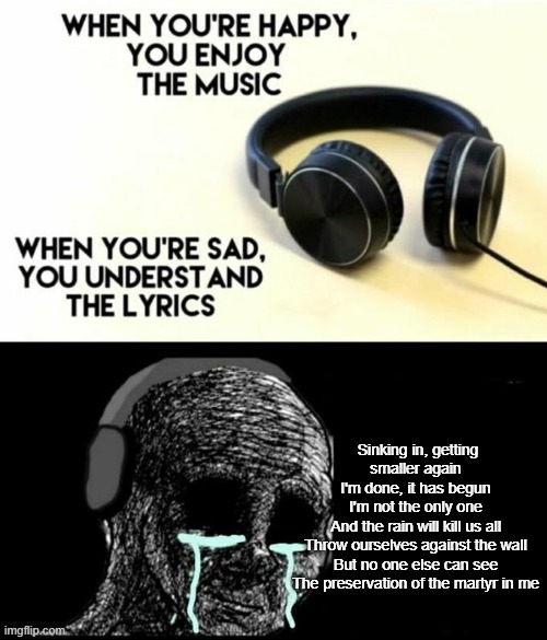 When your sad you understand the lyrics | Sinking in, getting smaller again
I'm done, it has begun
I'm not the only one
And the rain will kill us all
Throw ourselves against the wall
But no one else can see
The preservation of the martyr in me | image tagged in when your sad you understand the lyrics | made w/ Imgflip meme maker