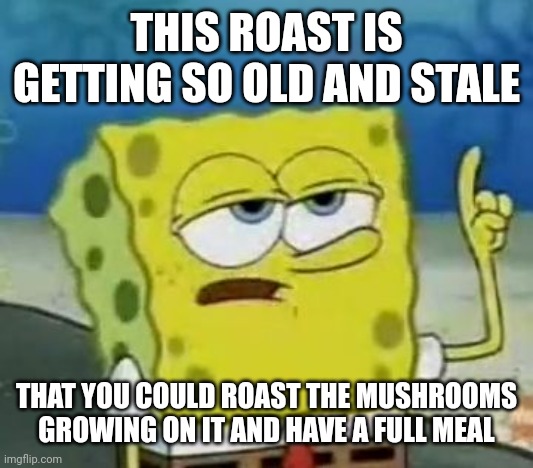 I'll Have You Know Spongebob Meme | THIS ROAST IS GETTING SO OLD AND STALE THAT YOU COULD ROAST THE MUSHROOMS GROWING ON IT AND HAVE A FULL MEAL | image tagged in memes,i'll have you know spongebob | made w/ Imgflip meme maker