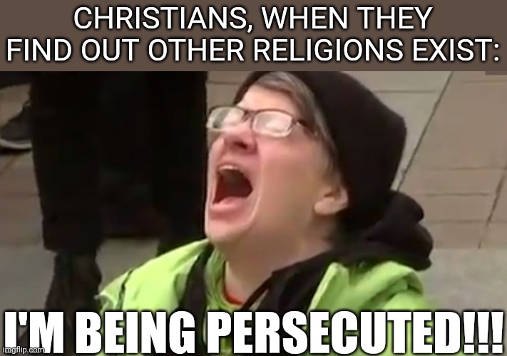 Screaming Liberal  | CHRISTIANS, WHEN THEY FIND OUT OTHER RELIGIONS EXIST: I'M BEING PERSECUTED!!! | image tagged in screaming liberal | made w/ Imgflip meme maker