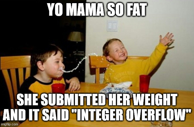 Too much weight | YO MAMA SO FAT; SHE SUBMITTED HER WEIGHT AND IT SAID "INTEGER OVERFLOW" | image tagged in memes,yo mamas so fat | made w/ Imgflip meme maker