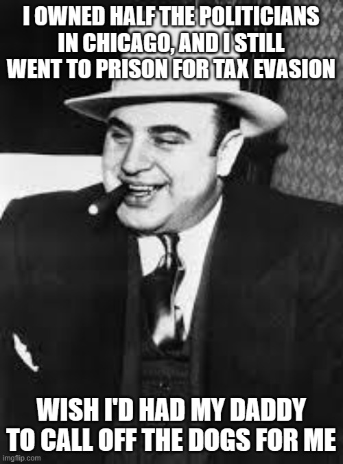 al capone | I OWNED HALF THE POLITICIANS IN CHICAGO, AND I STILL WENT TO PRISON FOR TAX EVASION; WISH I'D HAD MY DADDY TO CALL OFF THE DOGS FOR ME | image tagged in al capone | made w/ Imgflip meme maker