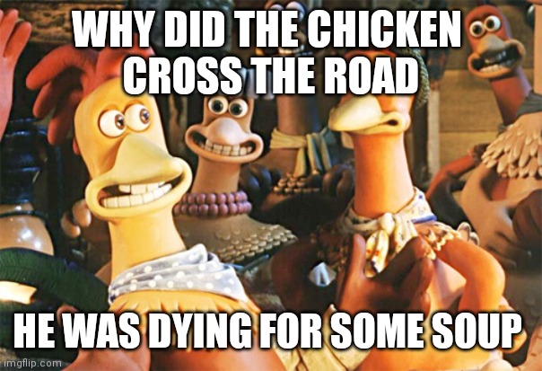 chicken run | WHY DID THE CHICKEN 
CROSS THE ROAD; HE WAS DYING FOR SOME SOUP | image tagged in chicken run | made w/ Imgflip meme maker