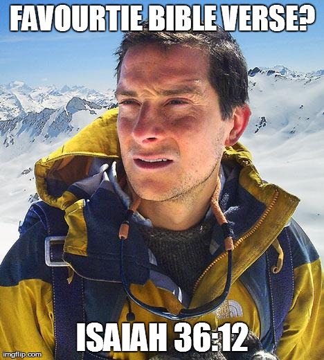 Bear Grylls | FAVOURTIE BIBLE VERSE? ISAIAH 36:12 | image tagged in memes,bear grylls | made w/ Imgflip meme maker