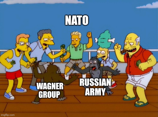 Simpsons Monkey Fight | NATO; RUSSIAN ARMY; WAGNER GROUP | image tagged in simpsons monkey fight | made w/ Imgflip meme maker