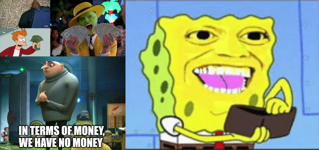 IN TERMS OF MONEY, WE HAVE NO MONEY | image tagged in huell money,memes,shut up and take my money fry,money money,in terms of money we have no money,spongebob money | made w/ Imgflip meme maker