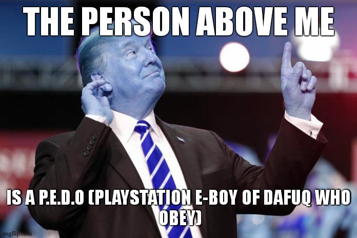 This person above me is crazy | THE PERSON ABOVE ME IS A P.E.D.O (PLAYSTATION E-BOY OF DAFUQ WHO
 OBEY) | image tagged in this person above me is crazy | made w/ Imgflip meme maker
