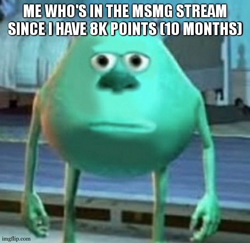 Mike Wazowski Face Swap | ME WHO'S IN THE MSMG STREAM SINCE I HAVE 8K POINTS (10 MONTHS) | image tagged in mike wazowski face swap | made w/ Imgflip meme maker