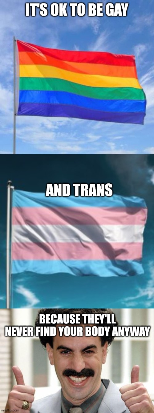 IT'S OK TO BE GAY; AND TRANS; BECAUSE THEY'LL NEVER FIND YOUR BODY ANYWAY | image tagged in gay pride flag,trans flag,great success | made w/ Imgflip meme maker
