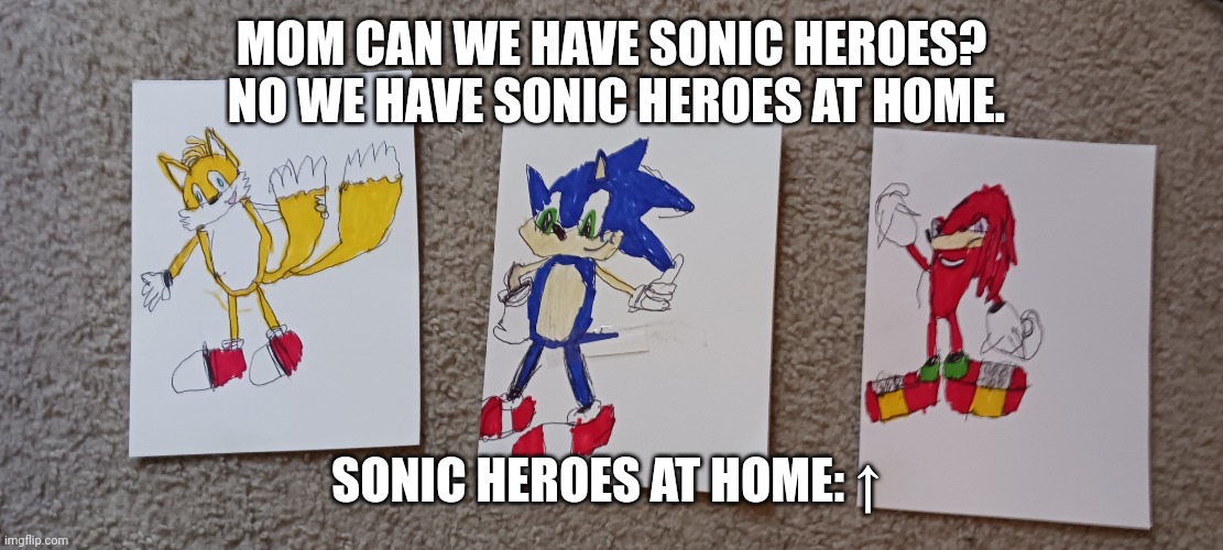 Soncic | MOM CAN WE HAVE SONIC HEROES?  NO WE HAVE SONIC HEROES AT HOME. SONIC HEROES AT HOME: ↑ | image tagged in sonic the hedgehog,video games,tails the fox,knuckles | made w/ Imgflip meme maker