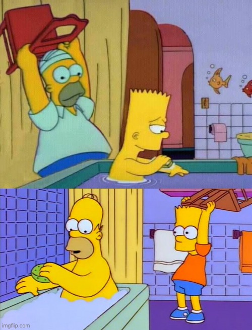 image tagged in homer hits bart with a chair,bart hitting homer with a chair | made w/ Imgflip meme maker