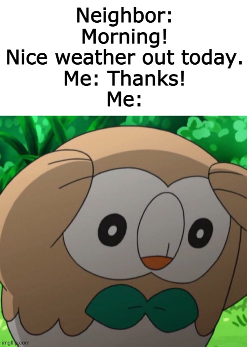 That ever happen to you? | Neighbor: Morning! Nice weather out today.
Me: Thanks!
Me: | image tagged in stressed rowlet,neighbors | made w/ Imgflip meme maker