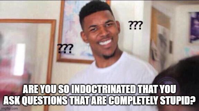 Black guy confused | ARE YOU SO INDOCTRINATED THAT YOU ASK QUESTIONS THAT ARE COMPLETELY STUPID? | image tagged in black guy confused | made w/ Imgflip meme maker