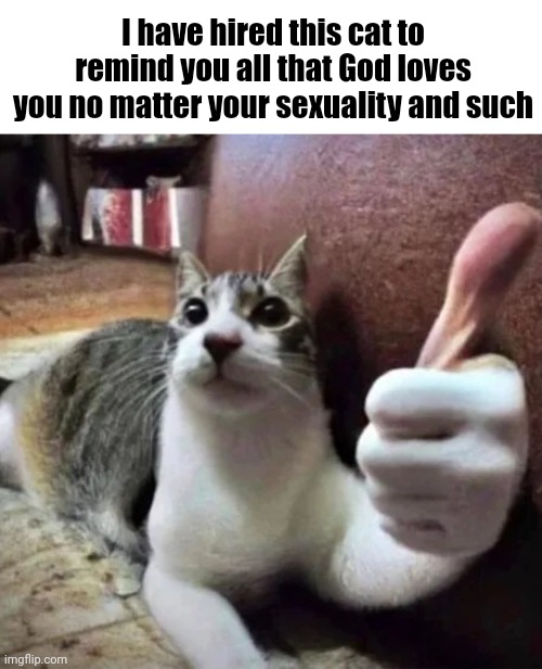 cat thumbs up | I have hired this cat to remind you all that God loves you no matter your sexuality and such | image tagged in cat thumbs up | made w/ Imgflip meme maker