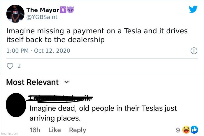 #2,046 | image tagged in funny,comments,cursed,tesla,interesting,dead | made w/ Imgflip meme maker