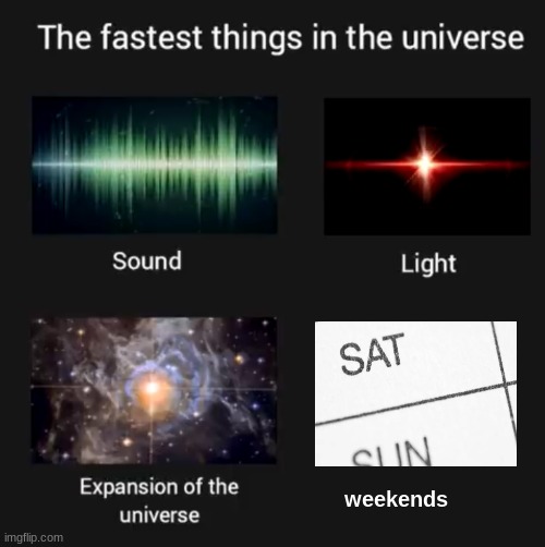 Fastest things in the universe | weekends | image tagged in fastest things in the universe | made w/ Imgflip meme maker