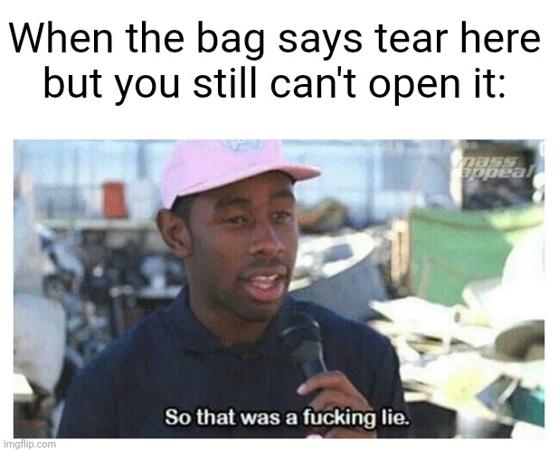 Meme #2,047 | When the bag says tear here but you still can't open it: | image tagged in so that was a f---ing lie,memes,relatable,annoying,tears,so true | made w/ Imgflip meme maker