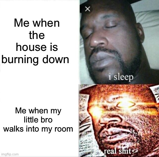 Sleeping Shaq | Me when the house is burning down; Me when my little bro walks into my room | image tagged in memes,sleeping shaq | made w/ Imgflip meme maker