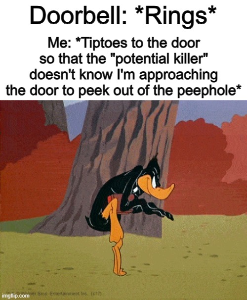 I dunno what everyone else does, but for me, I do this all the time XD | Doorbell: *Rings*; Me: *Tiptoes to the door so that the "potential killer" doesn't know I'm approaching the door to peek out of the peephole* | made w/ Imgflip meme maker