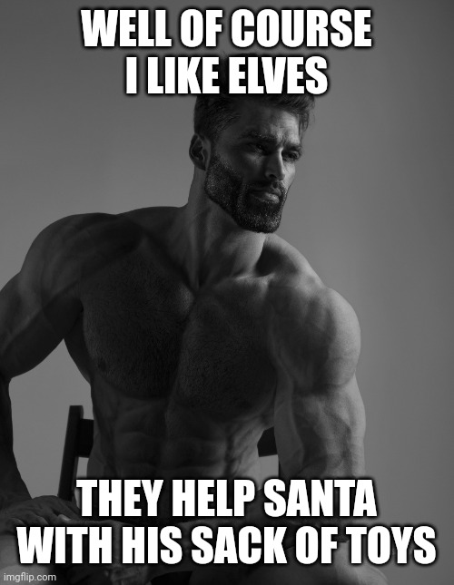 Giga Chad | WELL OF COURSE I LIKE ELVES THEY HELP SANTA WITH HIS SACK OF TOYS | image tagged in giga chad | made w/ Imgflip meme maker