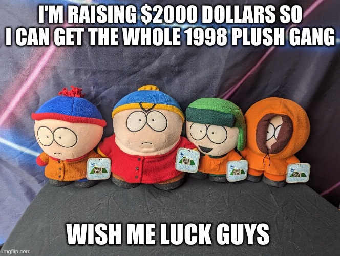 I'm so financially responsible | I'M RAISING $2000 DOLLARS SO I CAN GET THE WHOLE 1998 PLUSH GANG; WISH ME LUCK GUYS | image tagged in south park,money | made w/ Imgflip meme maker
