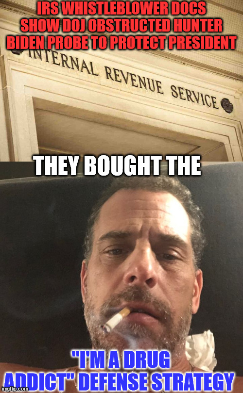 Hunter recommends the I'm a drug addict defense strategy | IRS WHISTLEBLOWER DOCS SHOW DOJ OBSTRUCTED HUNTER BIDEN PROBE TO PROTECT PRESIDENT; THEY BOUGHT THE; "I'M A DRUG ADDICT" DEFENSE STRATEGY | image tagged in hunter biden,drug addiction,crook | made w/ Imgflip meme maker
