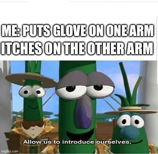 Fr | ME: PUTS GLOVE ON ONE ARM; ITCHES ON THE OTHER ARM | image tagged in allow us to introduce ourselves | made w/ Imgflip meme maker