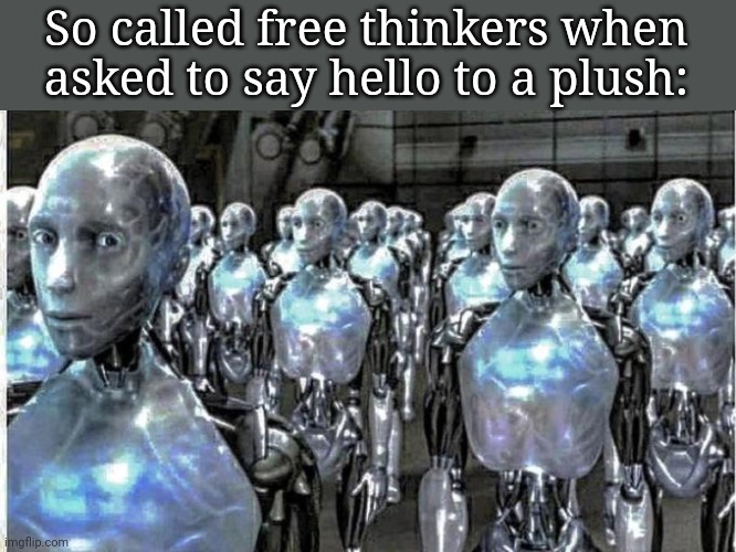 so called free thinkers | So called free thinkers when asked to say hello to a plush: | image tagged in so called free thinkers | made w/ Imgflip meme maker