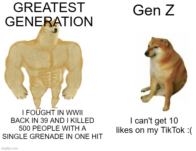 Buff Doge vs. Cheems | GREATEST GENERATION; Gen Z; I FOUGHT IN WWII BACK IN 39 AND I KILLED 500 PEOPLE WITH A SINGLE GRENADE IN ONE HIT; I can't get 10 likes on my TikTok :( | image tagged in memes,buff doge vs cheems | made w/ Imgflip meme maker