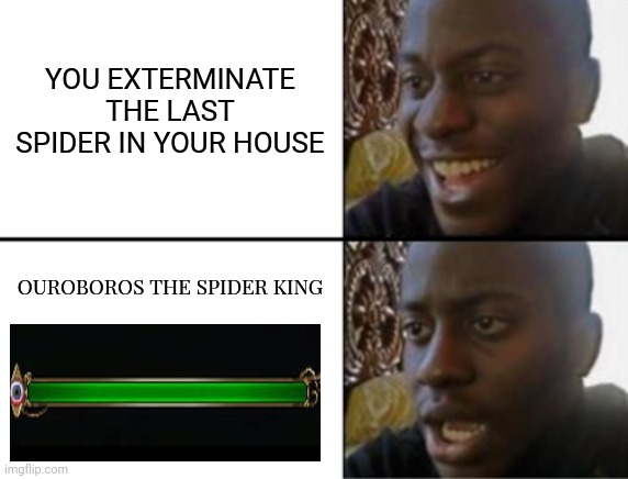 This was a mistake | YOU EXTERMINATE THE LAST SPIDER IN YOUR HOUSE; OUROBOROS THE SPIDER KING | image tagged in oh yeah oh no | made w/ Imgflip meme maker