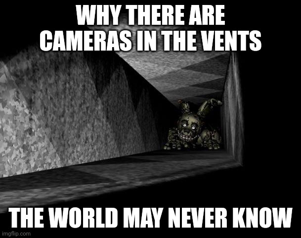 Why? | WHY THERE ARE CAMERAS IN THE VENTS; THE WORLD MAY NEVER KNOW | image tagged in fnaf 3,but why why would you do that,yeah this is big brain time | made w/ Imgflip meme maker