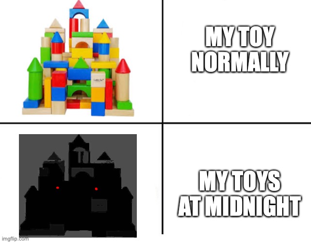 I thought of this meme awhile ago and finally made it | MY TOY NORMALLY; MY TOYS AT MIDNIGHT | image tagged in 4 panel comic template,memenade | made w/ Imgflip meme maker