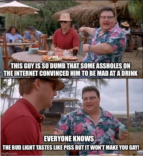 See Nobody Cares | THIS GUY IS SO DUMB THAT SOME ASSHOLES ON THE INTERNET CONVINCED HIM TO BE MAD AT A DRINK; EVERYONE KNOWS; THE BUD LIGHT TASTES LIKE PISS BUT IT WON’T MAKE YOU GAY! | image tagged in memes,see nobody cares | made w/ Imgflip meme maker