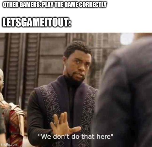 we dont do that here | LETSGAMEITOUT:; OTHER GAMERS: PLAY THE GAME CORRECTLY | image tagged in we dont do that here | made w/ Imgflip meme maker