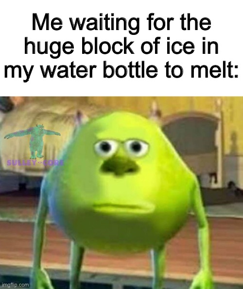 we’ve all gone through this in the summer before | Me waiting for the huge block of ice in my water bottle to melt: | image tagged in monsters inc,funny,lol so funny,relatable,summertime | made w/ Imgflip meme maker