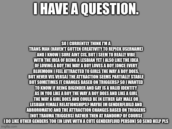 me, looking at gender suspiciously: ok now stay put *turns around to help with renovations* Gender: | SO I CURRENTLY THINK I'M A TRANS MAN (HAVEN'T GOTTEN CREATIVITY TO REPICK USERNAME) AND I KNOW I SURE AINT CIS, BUT I SEEM TO REALLY VIBE WITH THE IDEA OF BEING A LESBIAN YET I ALSO LIKE THE IDEA OF LOVING A BOY THE WAY A BOY LOVES A BOY (ONCE EVERY BLUEMOON I FEEL ATTRACTED TO GIRLS THE WAY A BOY DOES, BUT NEVER VIS VERSA) THE ATTRACTION SEEMS PARTIALLY STABLE BUT SOMETIMES IT CHANGES BASED ON TRIGGERS? SO I WANTED TO KNOW IF BEING BIGENDER AND GAY IS A VALID IDENTITY AS IN YOU LIKE A BOY THE WAY A BOY DOES AND LIKE A GIRL THE WAY A GIRL DOES AND COULD BE IN EITHER GAY MALE OR LESBIAN FEMALE RELATIONSHIPS? MAYBE IM GENDERFLUILD AND ABROROMATIC AND THE ATTRACTION CHANGES BASED ON TRIGGERS (NOT TRAUMA TRIGGERS) RATHER THEN AT RANDOM? OF COURSE I DO LIKE OTHER GENDERS TOO (IN LOVE WITH A CUTE GENDERFLUID PERSON) SO SEND HELP PLS; I HAVE A QUESTION. | image tagged in aaaaaaaaaaaaaaaaaaa | made w/ Imgflip meme maker