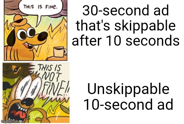 This is Fine, This is Not Fine | 30-second ad that's skippable after 10 seconds; Unskippable 10-second ad | image tagged in this is fine this is not fine | made w/ Imgflip meme maker