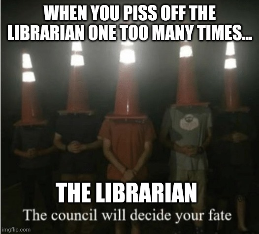 I'm sorry miss Hoogliger!!! | WHEN YOU PISS OFF THE LIBRARIAN ONE TOO MANY TIMES... THE LIBRARIAN | image tagged in the council will decide your fate | made w/ Imgflip meme maker