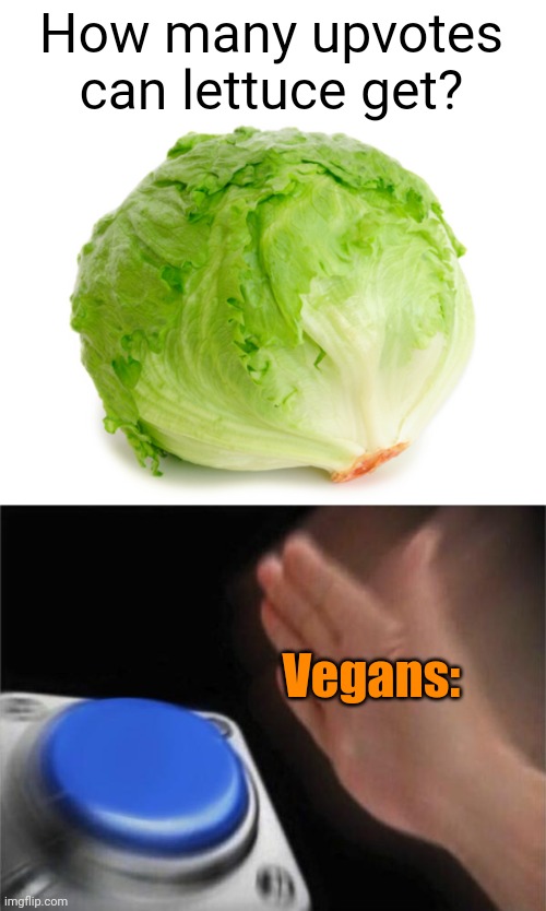 Meme #2,052 | How many upvotes can lettuce get? Vegans: | image tagged in lettuce,memes,blank nut button,upvote begging,vegans,food | made w/ Imgflip meme maker
