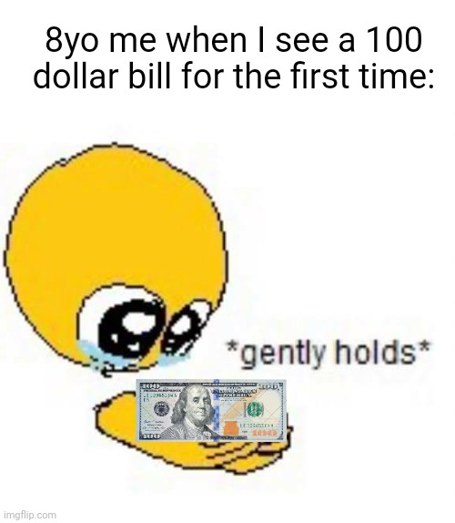 Meme #2,054 | 8yo me when I see a 100 dollar bill for the first time: | image tagged in gently holds emoji,memes,relatable,money,awesome,100 | made w/ Imgflip meme maker