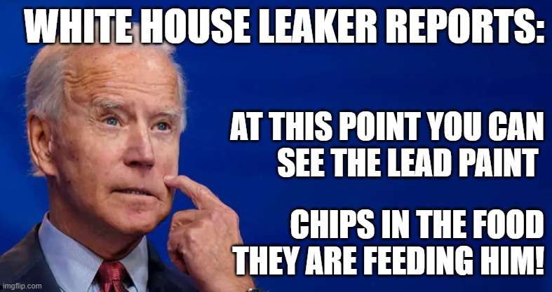 the CIA gonna fix this | WHITE HOUSE LEAKER REPORTS:; AT THIS POINT YOU CAN
SEE THE LEAD PAINT; CHIPS IN THE FOOD
THEY ARE FEEDING HIM! | image tagged in suicide,suicide squad,fbi,joe biden,failure,exposed | made w/ Imgflip meme maker