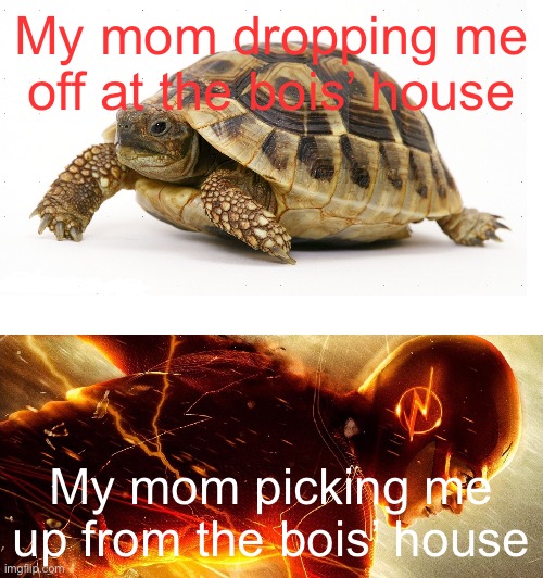 Meme #56 | My mom dropping me off at the bois’ house; My mom picking me up from the bois’ house | image tagged in slow vs fast meme,hi,why do you like reading these | made w/ Imgflip meme maker