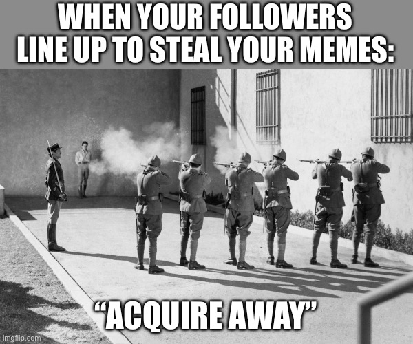 firing squad | WHEN YOUR FOLLOWERS LINE UP TO STEAL YOUR MEMES:; “ACQUIRE AWAY” | image tagged in firing squad | made w/ Imgflip meme maker