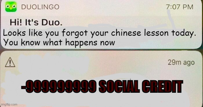 Chinese lesson | Looks like you forgot your chinese lesson today.
You know what happens now; -999999999 SOCIAL CREDIT | image tagged in dont miss your spanish lessons | made w/ Imgflip meme maker