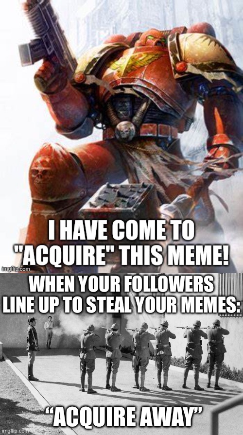 Acquire away | WHEN YOUR FOLLOWERS LINE UP TO STEAL YOUR MEMES:; “ACQUIRE AWAY” | image tagged in firing squad,fire,acquired taste,stealing,stealing memes | made w/ Imgflip meme maker
