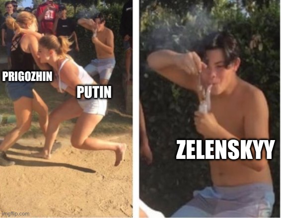 The enemy of my enemy... | PRIGOZHIN; PUTIN; ZELENSKYY | image tagged in dabbing dude,russia,ukraine,politics | made w/ Imgflip meme maker