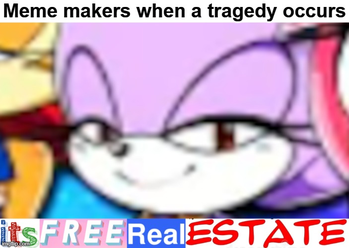 Probably the worst image I could use for a meme like this | Meme makers when a tragedy occurs | image tagged in oh no,it's free real estate,blaze the cat will eat all your spicy food,literal shitpost,unfunny | made w/ Imgflip meme maker